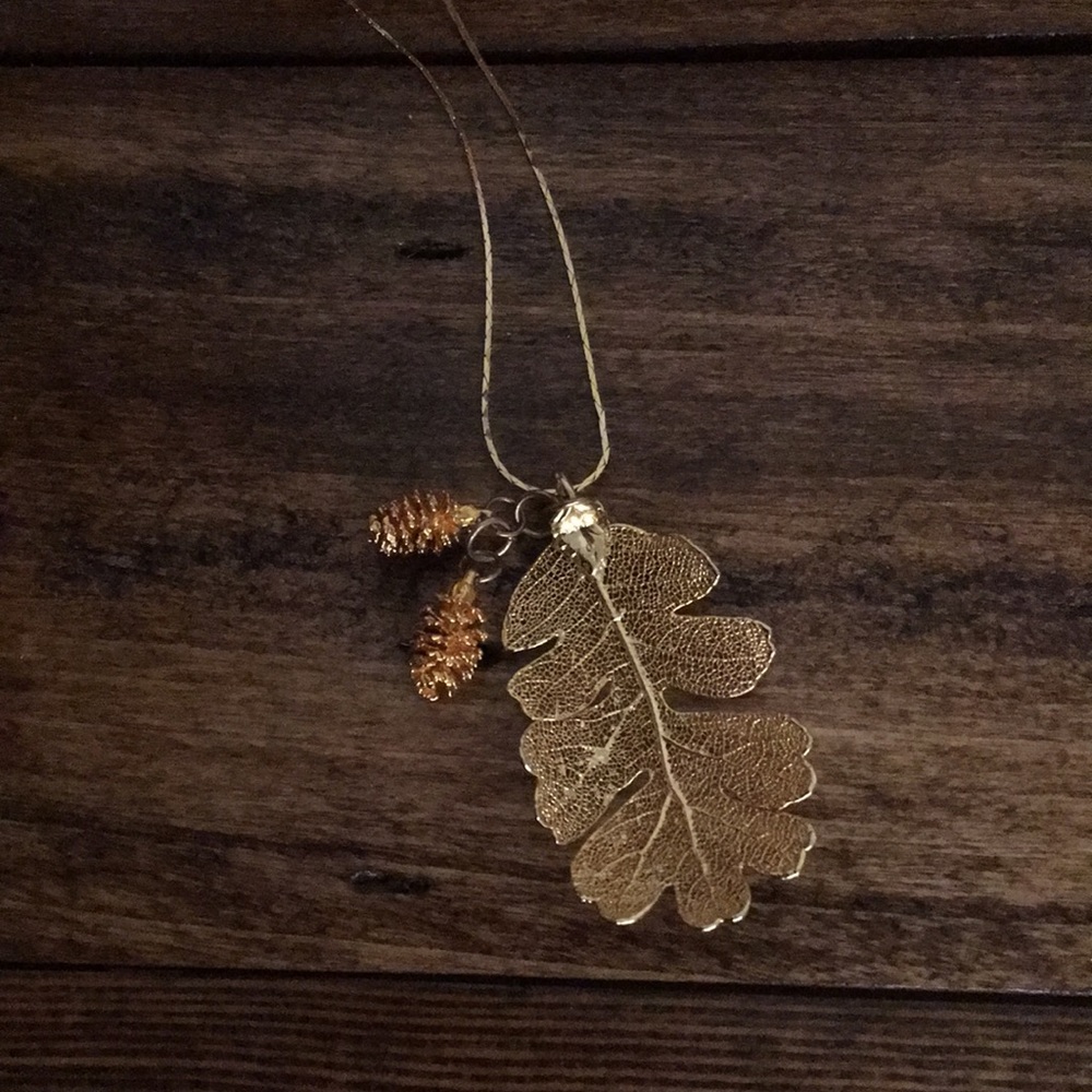 24k gold leaf with 2pine cone necklace.Handcrafted